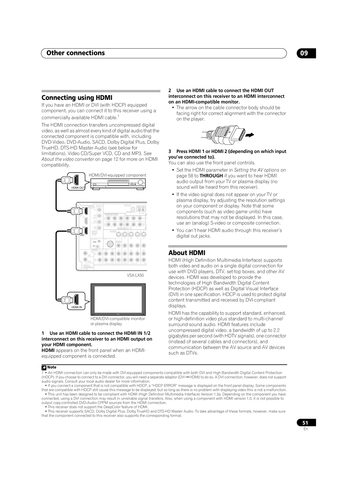 Pioneer VSX-LX50 manual Other connections Connecting using Hdmi, About Hdmi, You can also use the front panel controls 