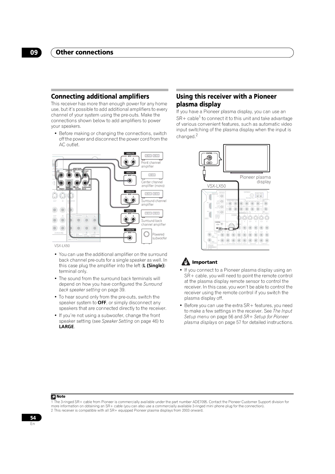 Pioneer VSX-LX50 Other connections Connecting additional amplifiers, Using this receiver with a Pioneer plasma display 