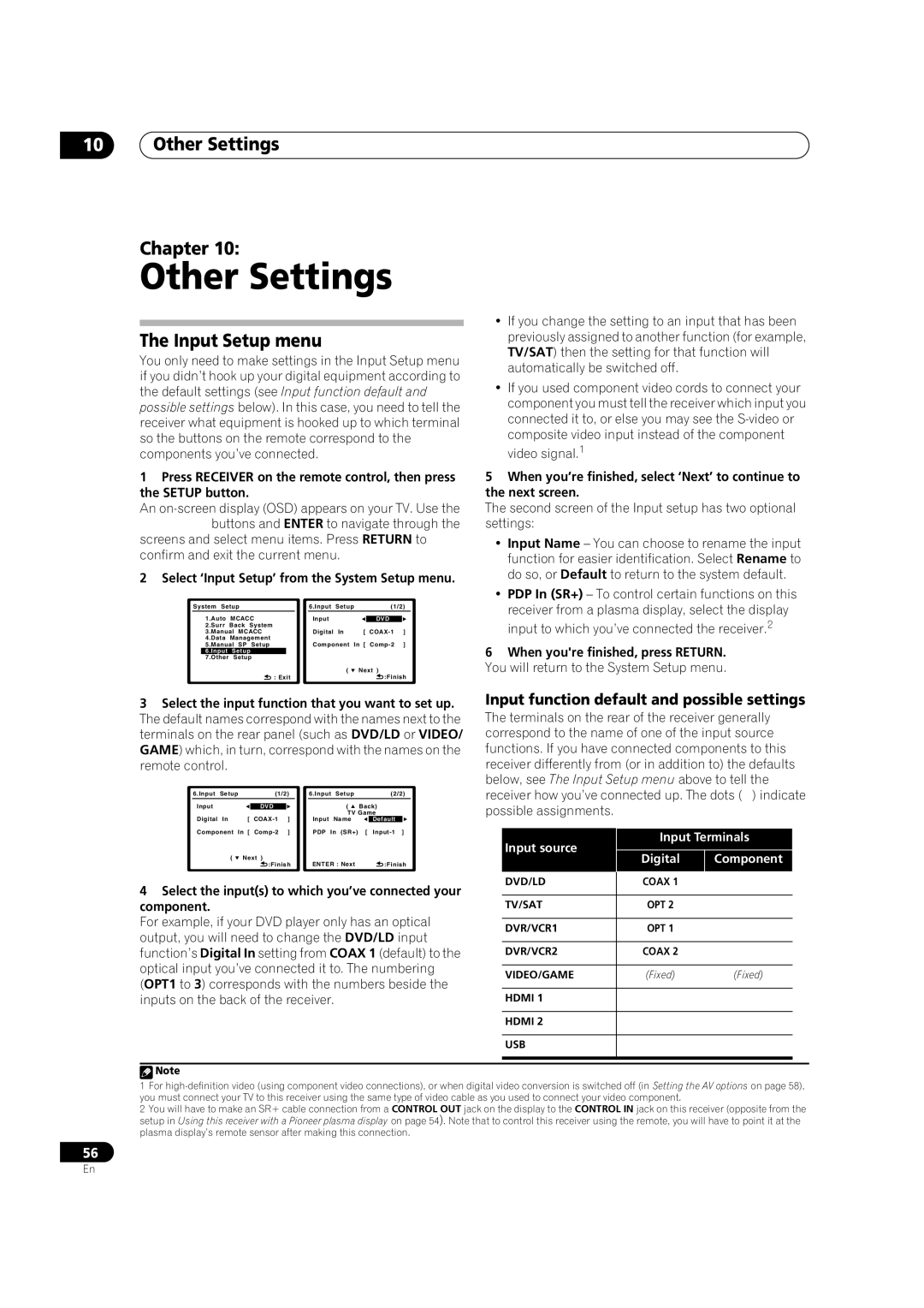 Pioneer VSX-LX50 manual Other Settings Chapter, Input Setup menu, Input function default and possible settings 