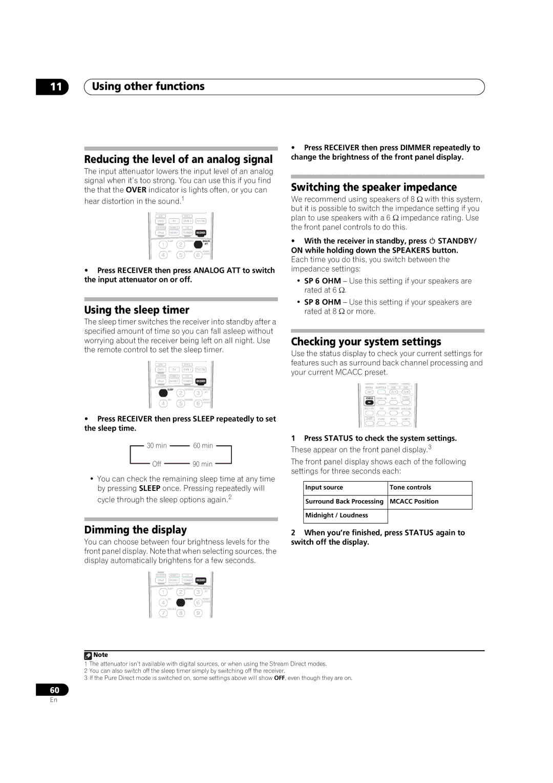 Pioneer VSX-LX50 manual Using the sleep timer, Dimming the display, Switching the speaker impedance 