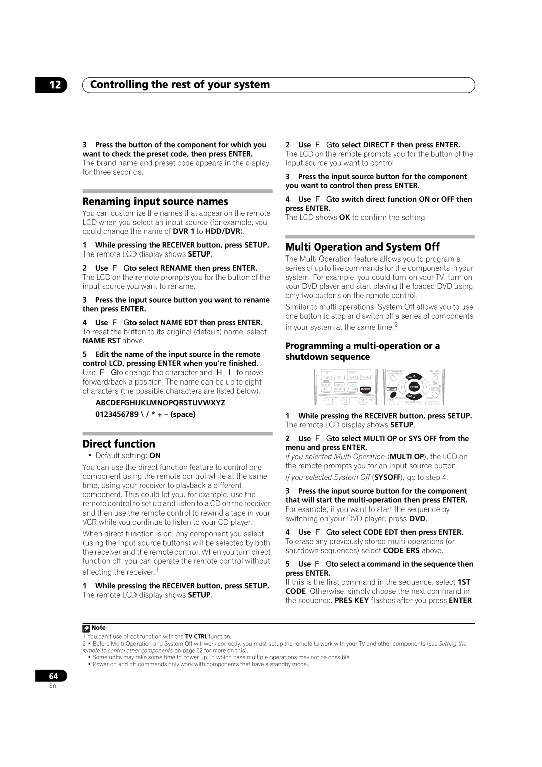 Pioneer VSX-LX50 manual Renaming input source names, Multi Operation and System Off, Direct function 