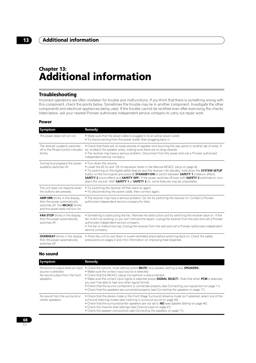 Pioneer VSX-LX50 manual Additional information Chapter, Troubleshooting, Power, No sound 