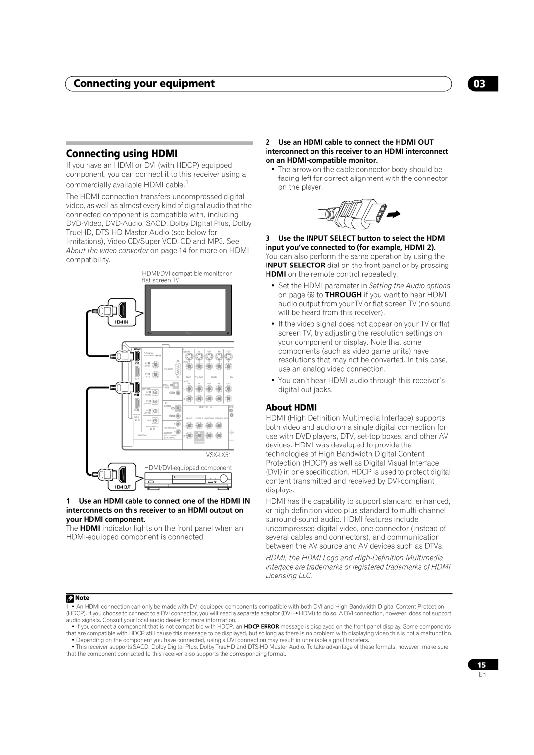 Pioneer VSX-LX51 manual Connecting your equipment Connecting using Hdmi, About Hdmi 