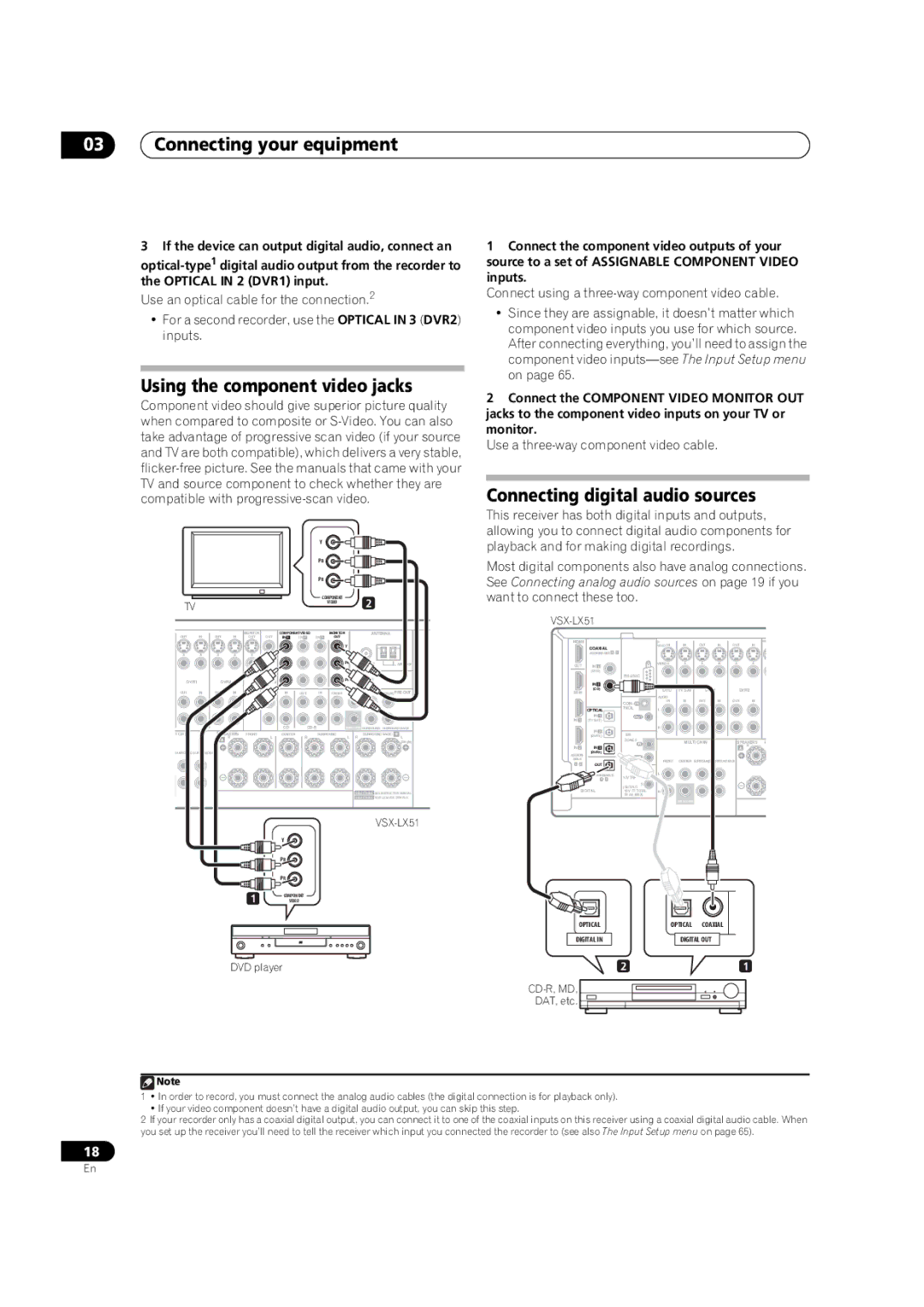 Pioneer VSX-LX51 manual Using the component video jacks, Connecting digital audio sources 