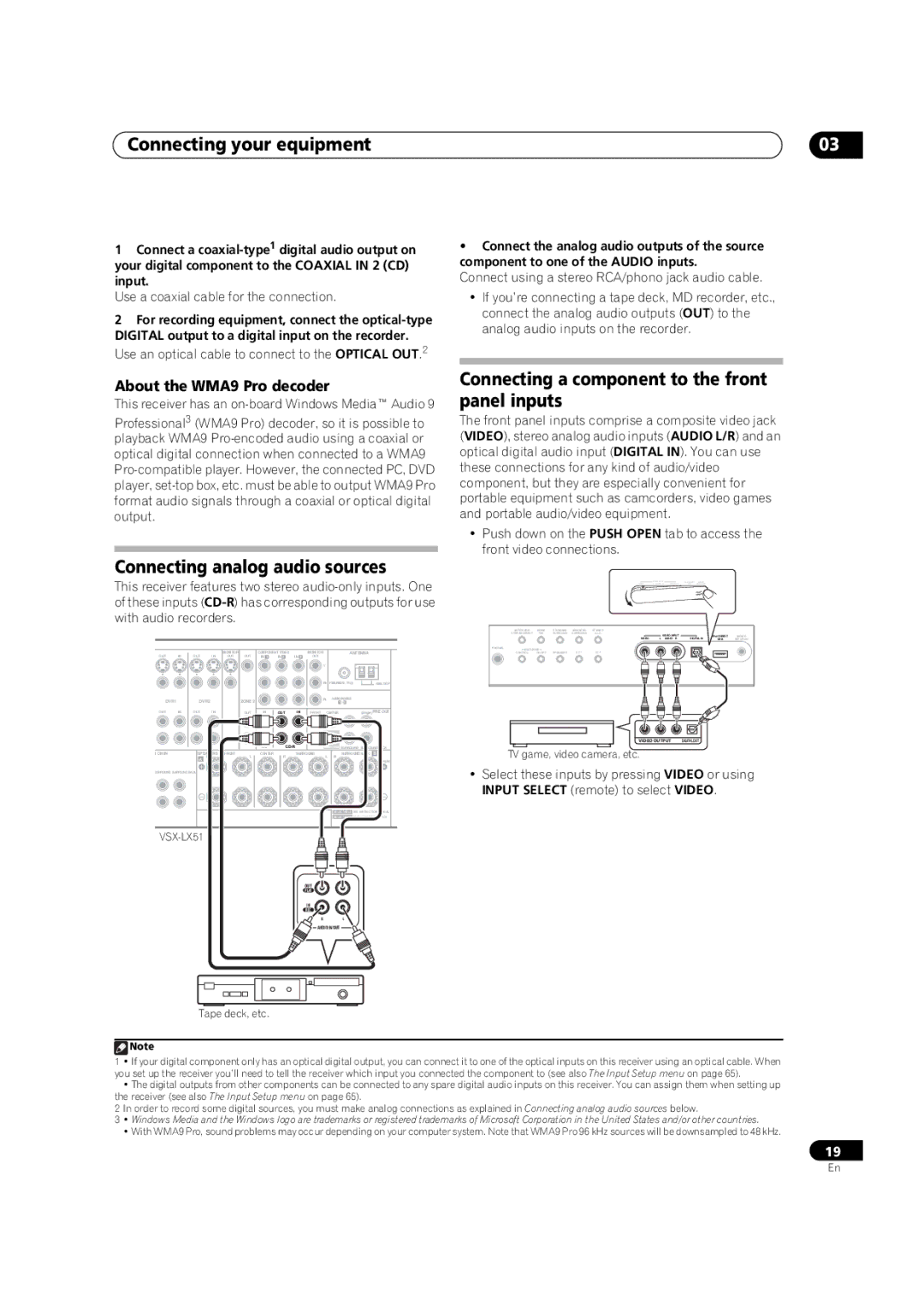 Pioneer VSX-LX51 manual Connecting analog audio sources, Connecting a component to the front panel inputs 