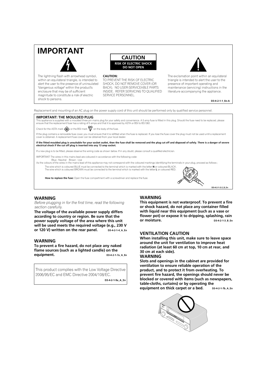 Pioneer VSX-LX51 manual Important the Moulded Plug, Risk of Electric Shock Do not Open 