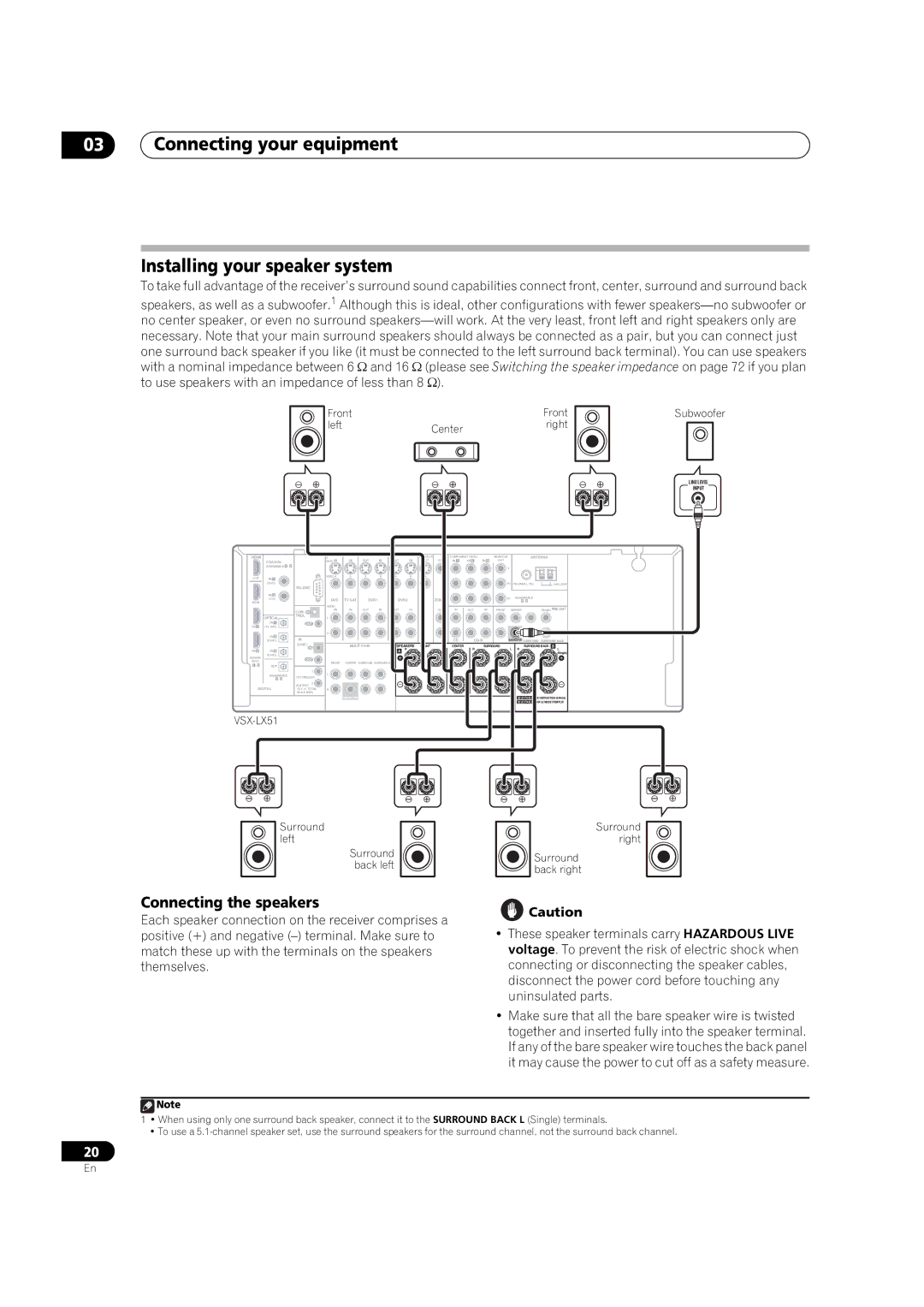 Pioneer VSX-LX51 manual Connecting your equipment Installing your speaker system, Connecting the speakers 