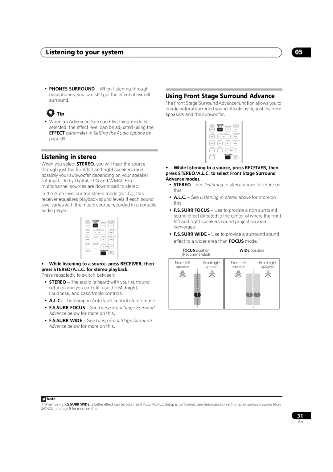 Pioneer VSX-LX51 manual Listening in stereo, Using Front Stage Surround Advance, Tip 