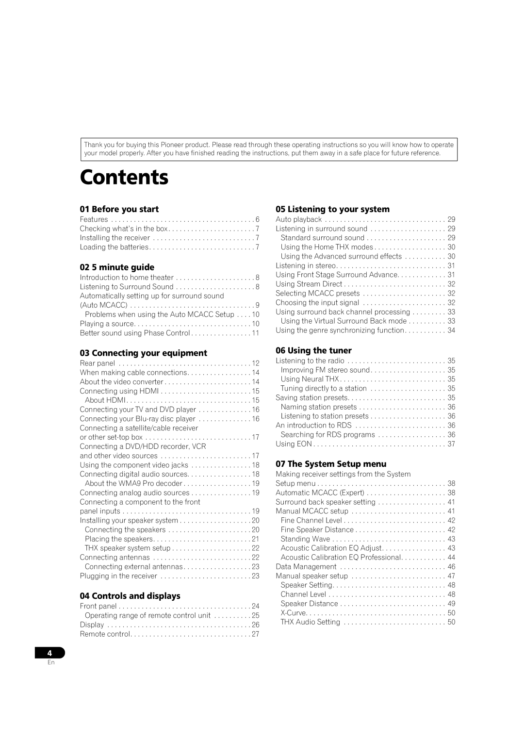 Pioneer VSX-LX51 manual Contents 