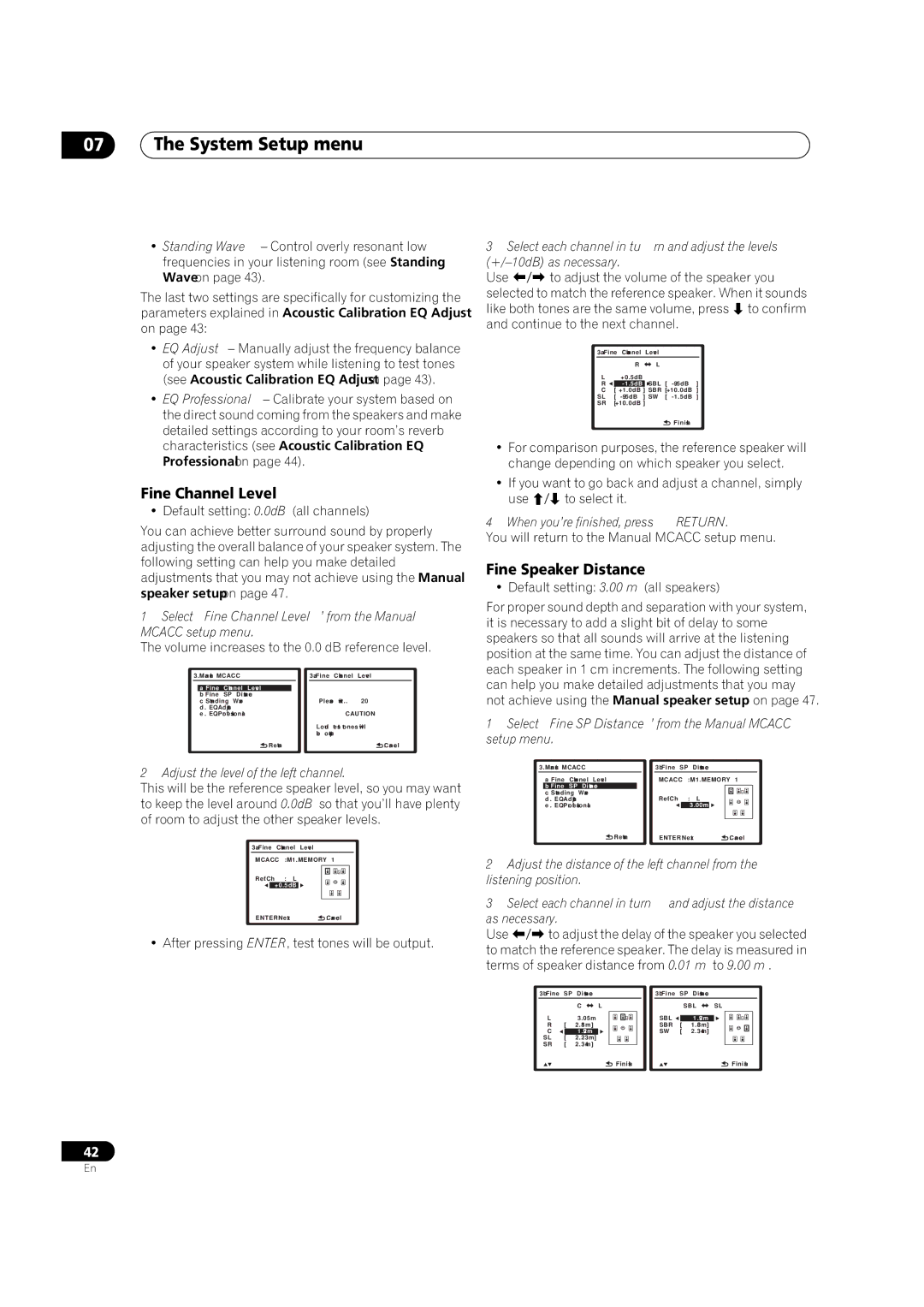 Pioneer VSX-LX51 manual Fine Channel Level, Fine Speaker Distance, Adjust the level of the left channel 