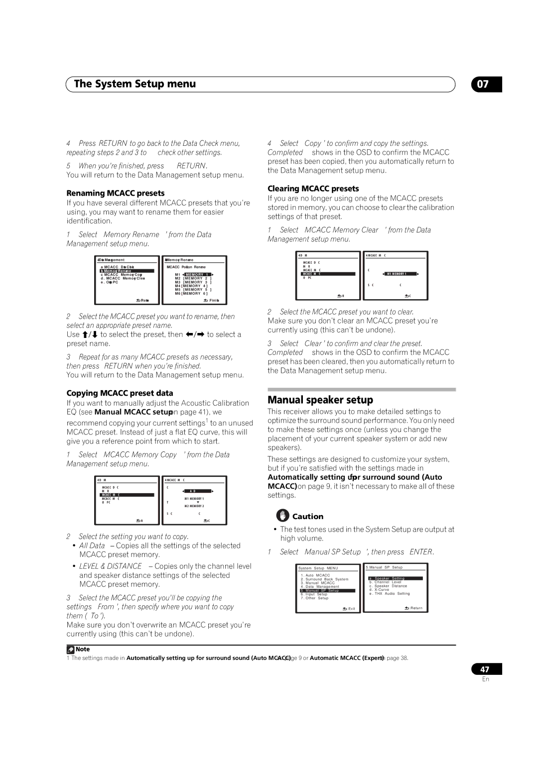 Pioneer VSX-LX51 manual Manual speaker setup, Renaming Mcacc presets, Clearing Mcacc presets, Copying Mcacc preset data 