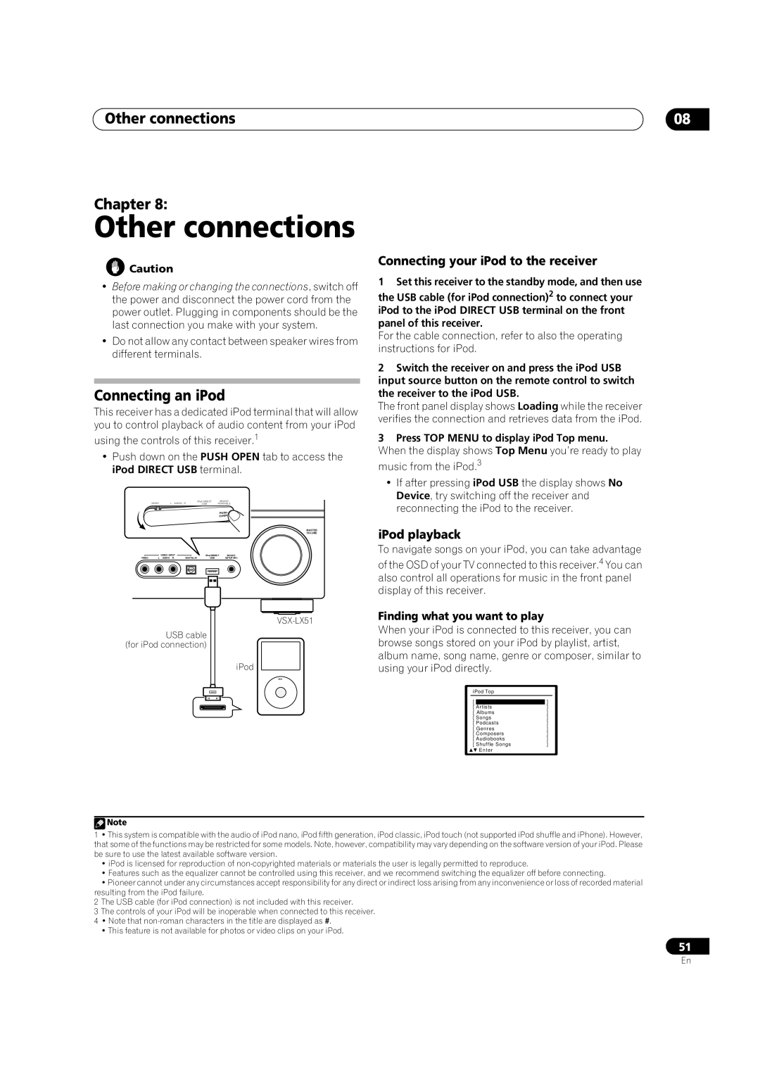 Pioneer VSX-LX51 Other connections Chapter, Connecting an iPod, Connecting your iPod to the receiver, IPod playback 