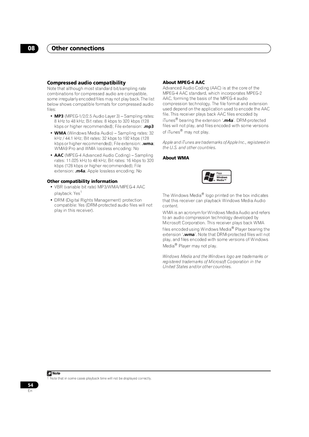 Pioneer VSX-LX51 manual Compressed audio compatibility, Other compatibility information, About MPEG-4 AAC, About WMA 