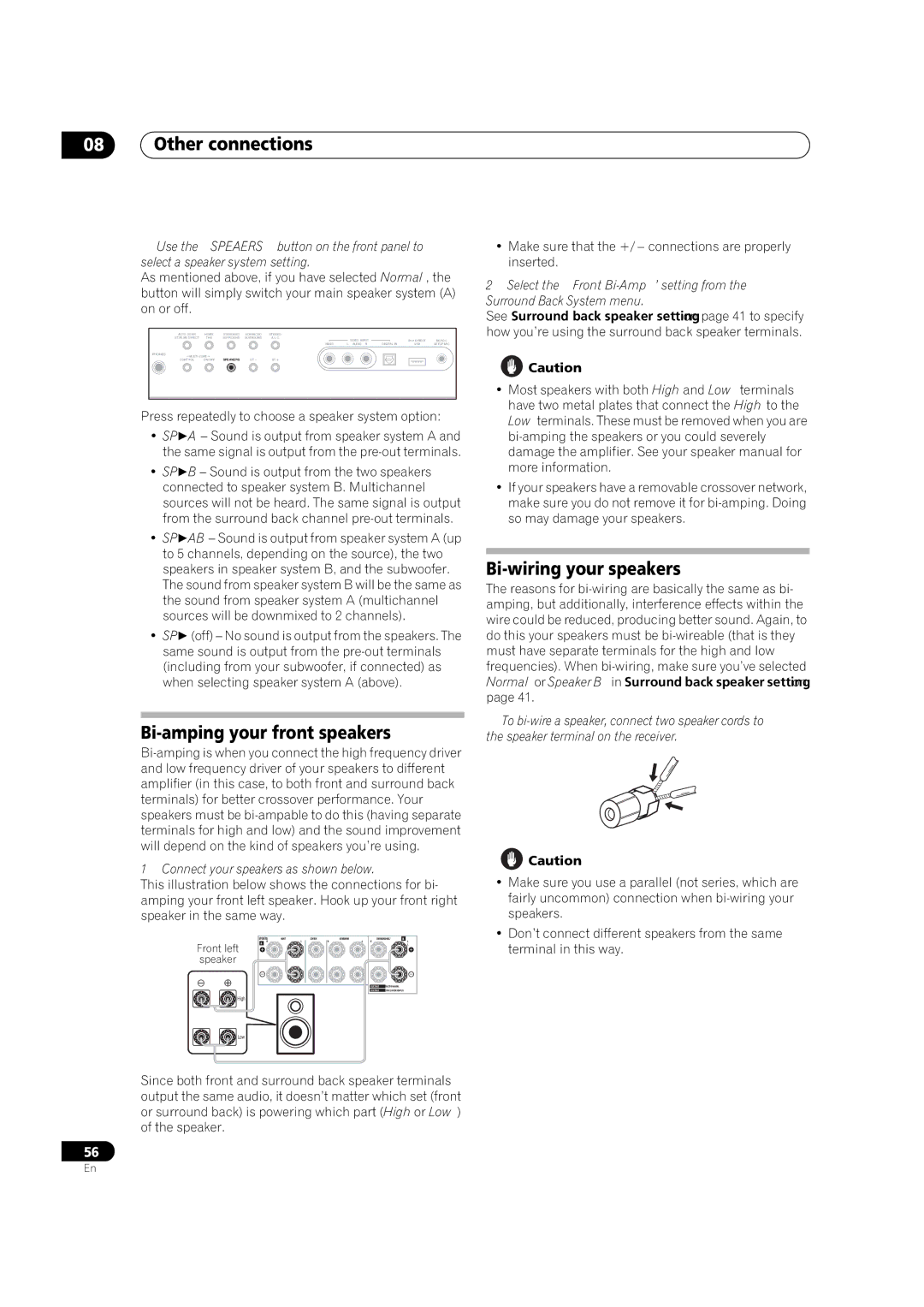 Pioneer VSX-LX51 manual Bi-amping your front speakers, Bi-wiring your speakers, Connect your speakers as shown below 