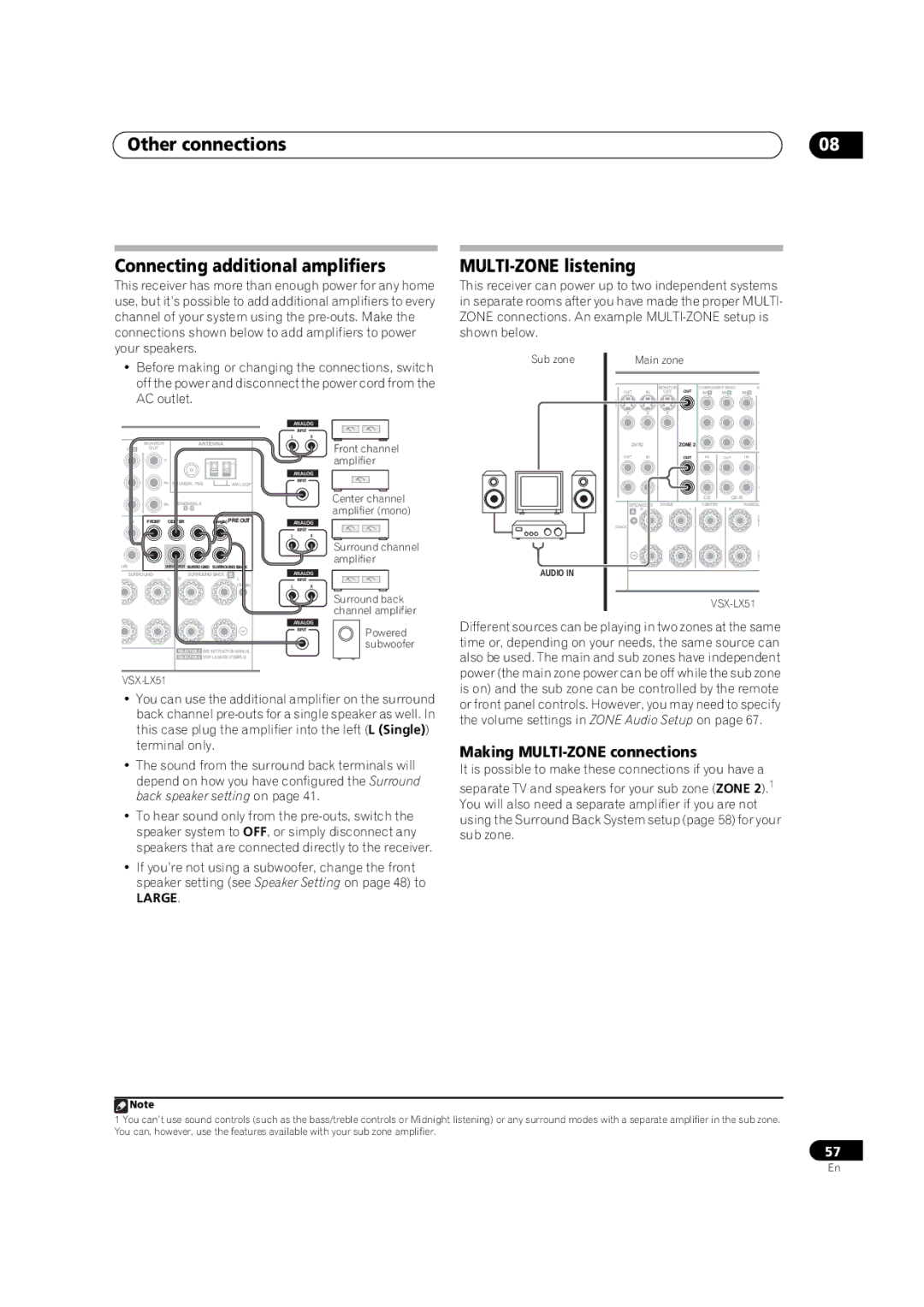 Pioneer VSX-LX51 manual MULTI-ZONE listening, Making MULTI-ZONE connections, Large 