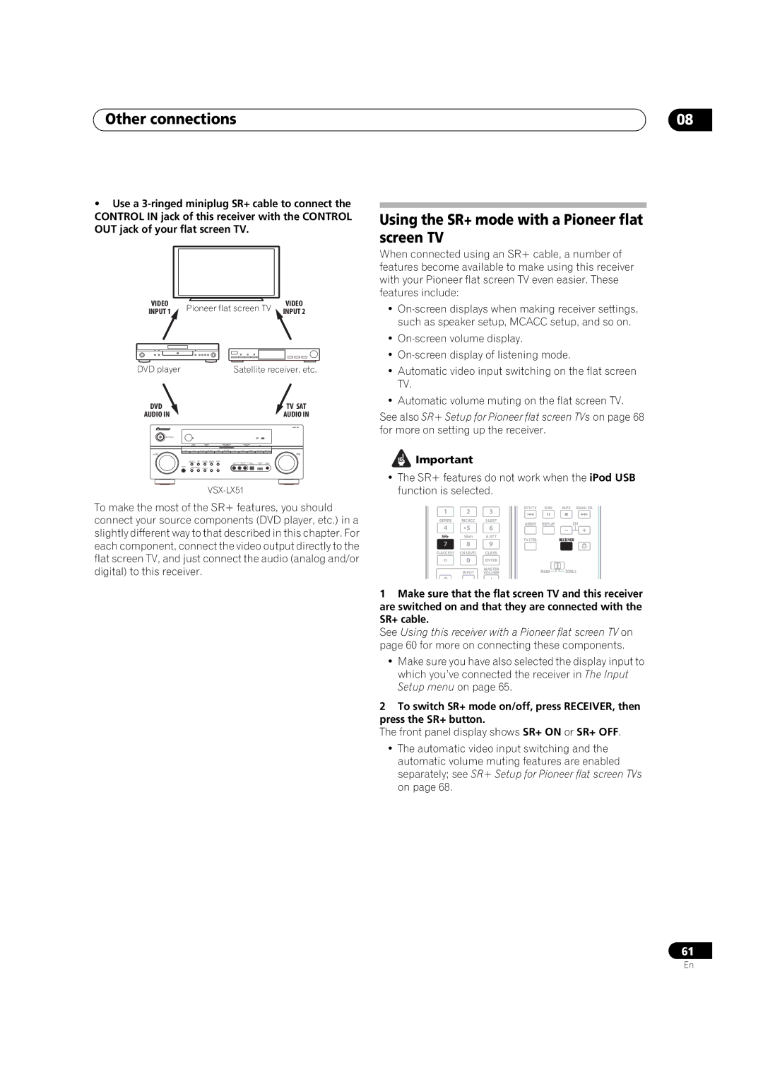 Pioneer VSX-LX51 manual Using the SR+ mode with a Pioneer flat screen TV 