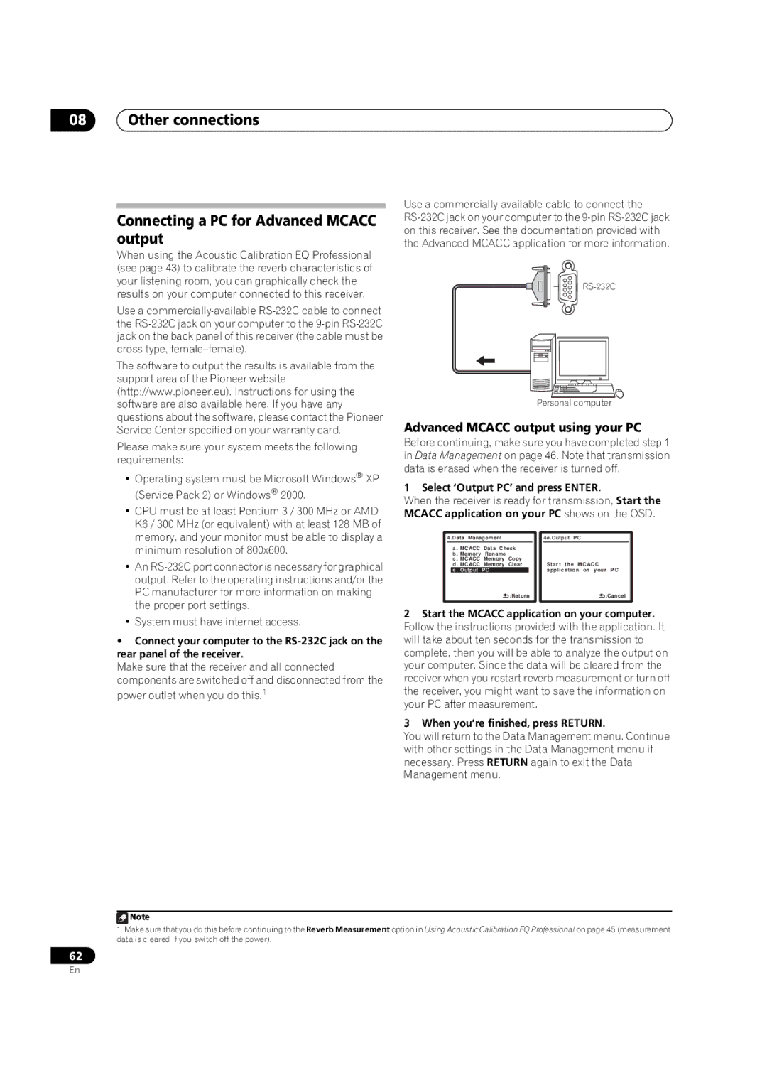 Pioneer VSX-LX51 manual Other connections Connecting a PC for Advanced Mcacc output, Advanced Mcacc output using your PC 