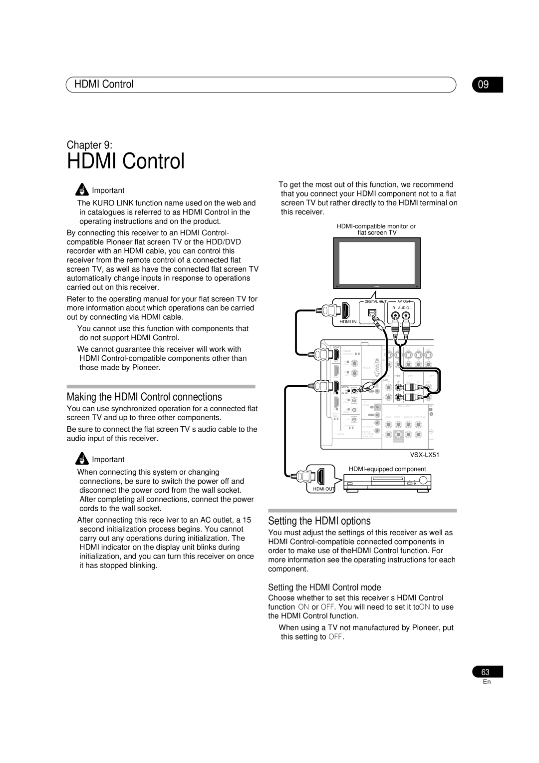 Pioneer VSX-LX51 manual Hdmi Control Chapter, Making the Hdmi Control connections, Setting the Hdmi options 