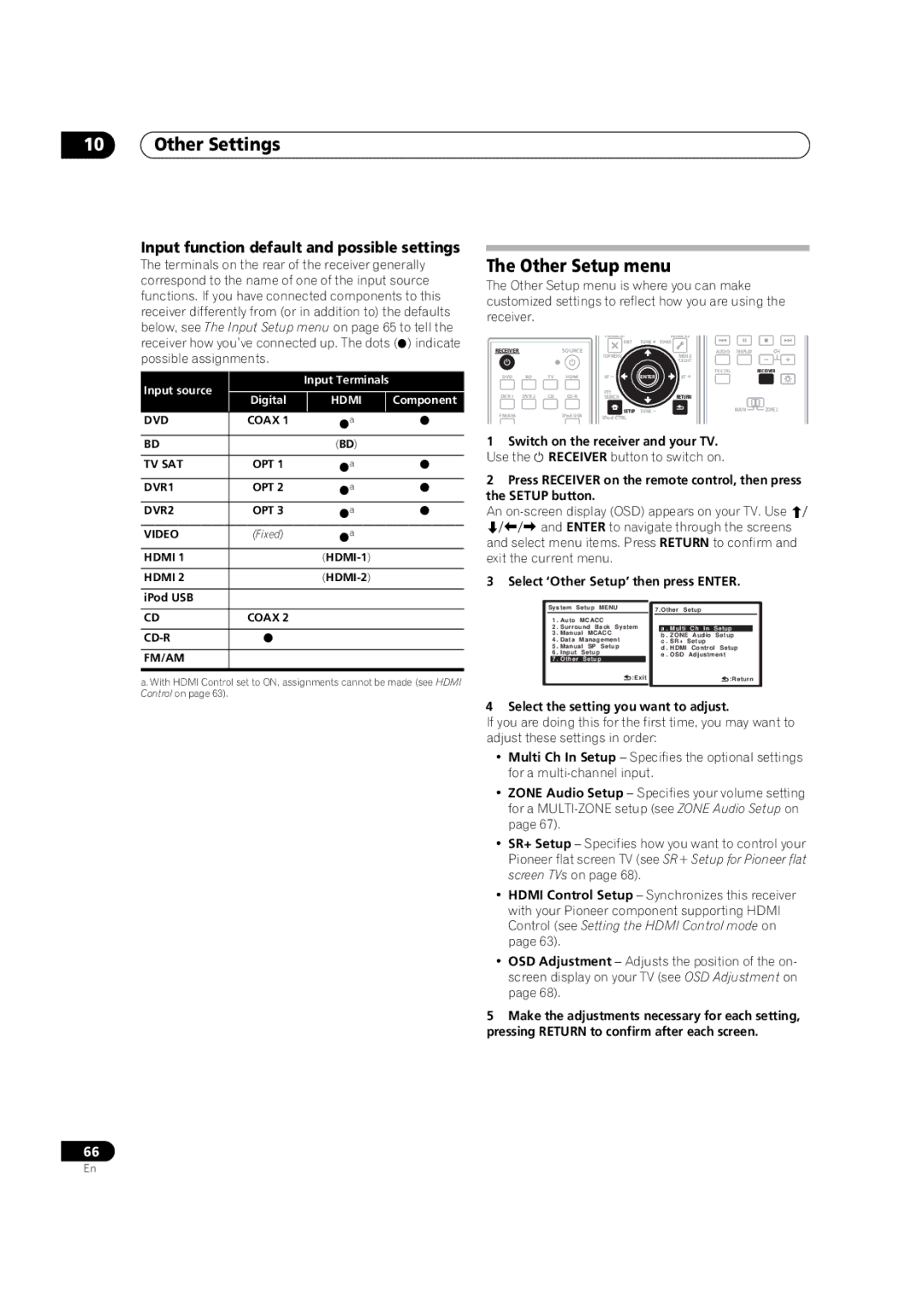 Pioneer VSX-LX51 manual Other Settings, Other Setup menu, Input function default and possible settings 