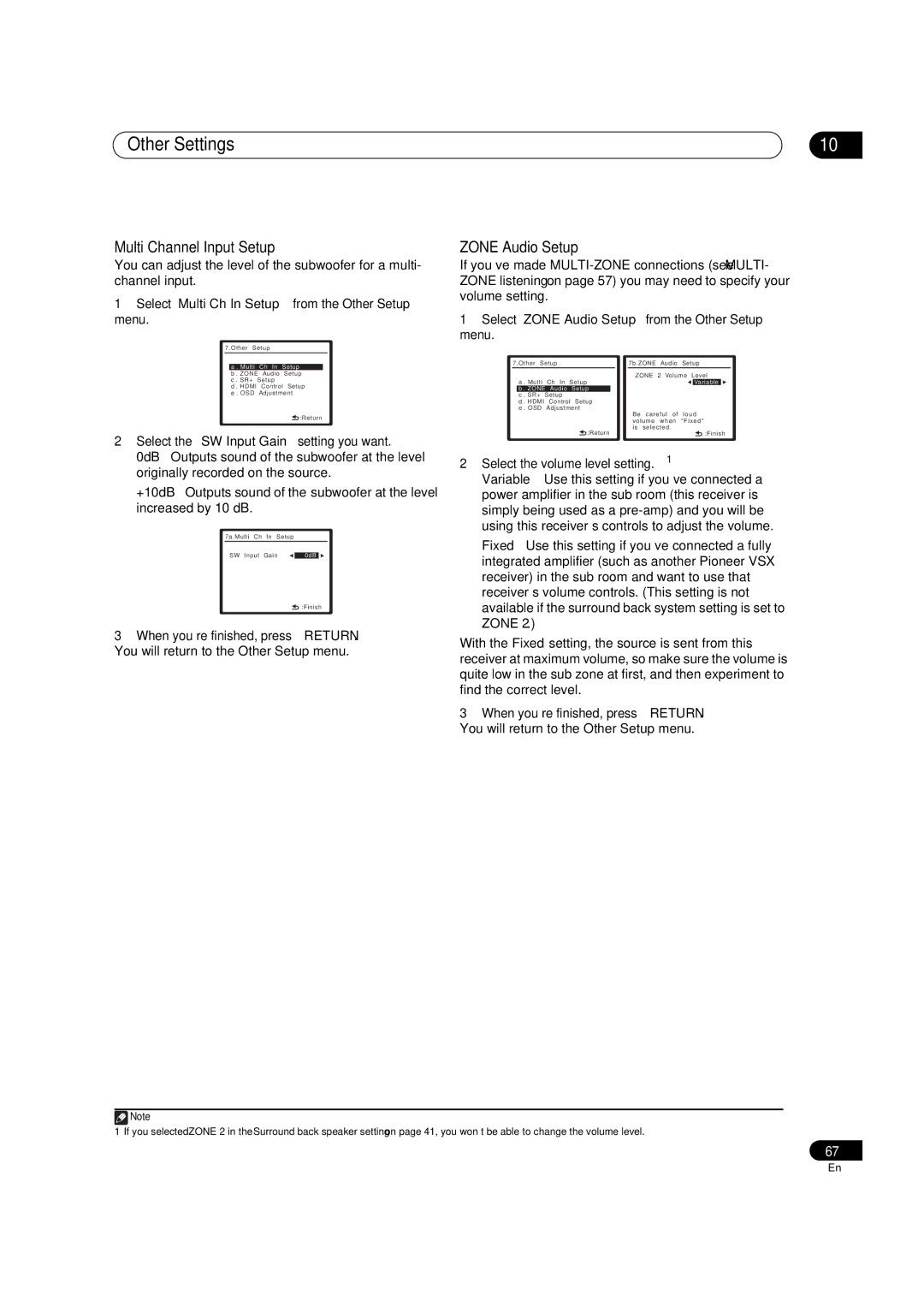 Pioneer VSX-LX51 manual Multi Channel Input Setup, Zone Audio Setup 