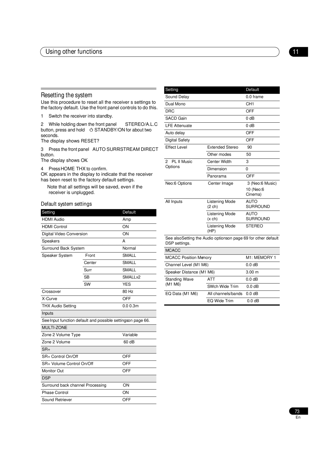 Pioneer VSX-LX51 manual Using other functions Resetting the system, Default system settings, Press Home THX to confirm 