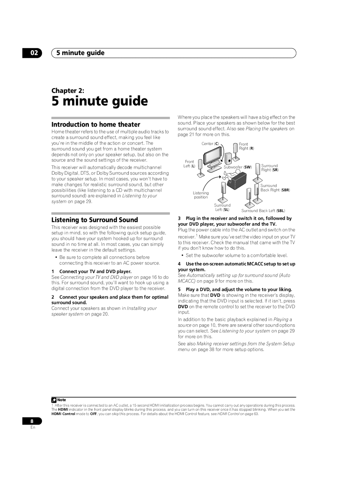 Pioneer VSX-LX51 manual Minute guide, 02 5 minute guide Chapter, Introduction to home theater, Listening to Surround Sound 