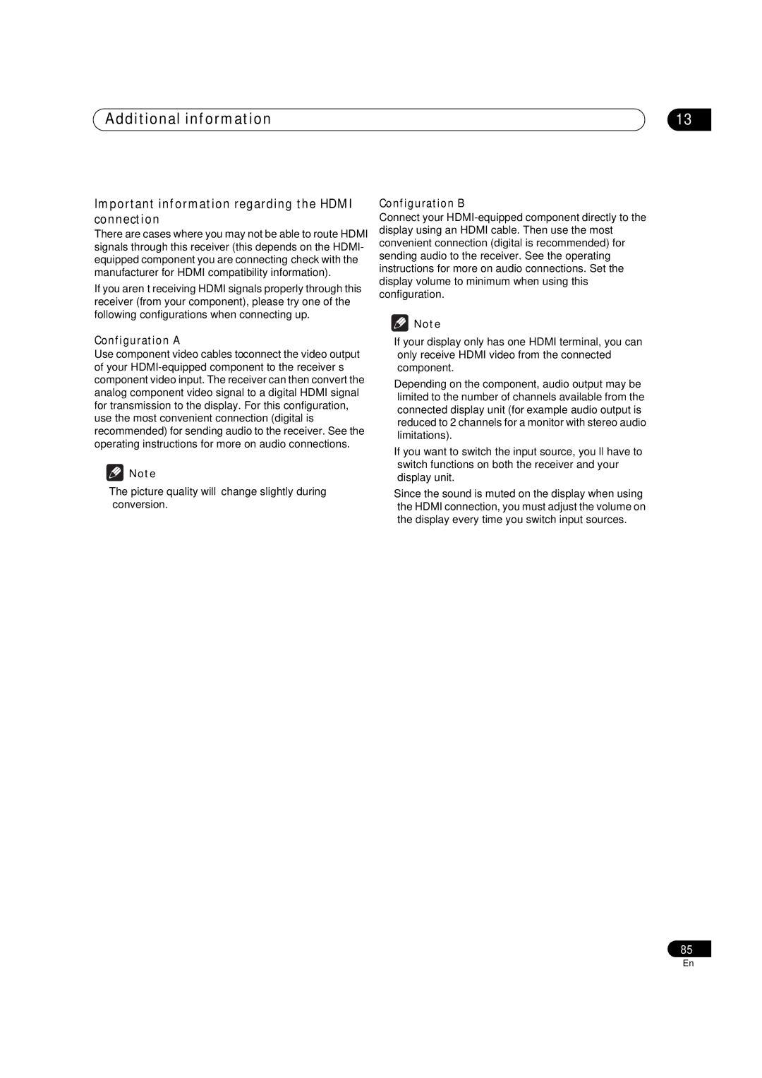 Pioneer VSX-LX51 manual Important information regarding the Hdmi connection, Configuration a, Configuration B 