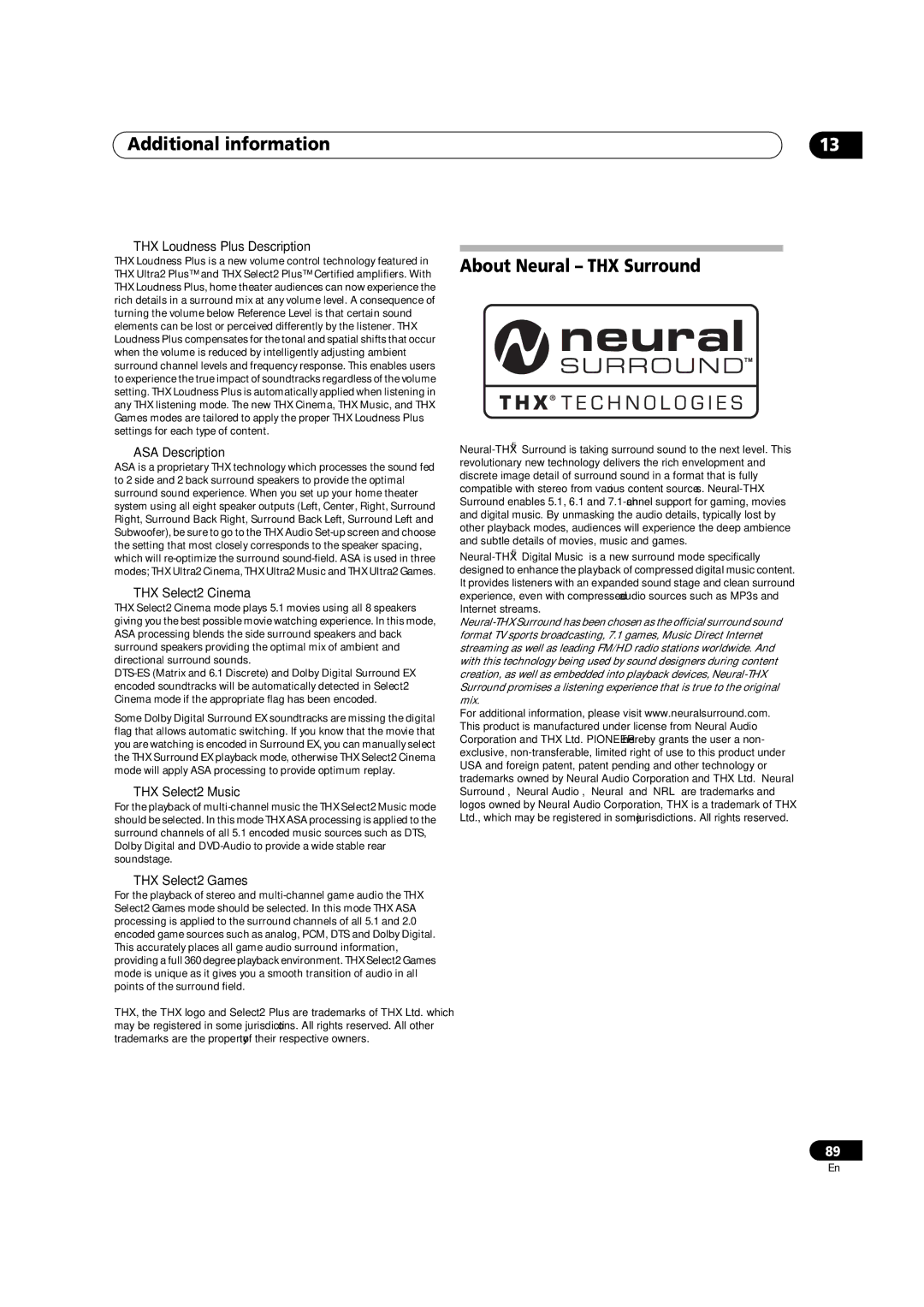 Pioneer VSX-LX51 manual About Neural THX Surround 