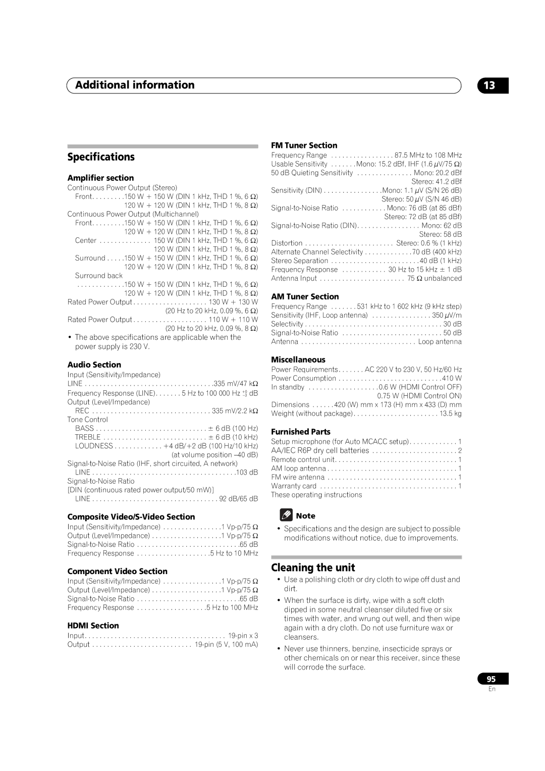 Pioneer VSX-LX51 manual Additional information Specifications, Cleaning the unit 