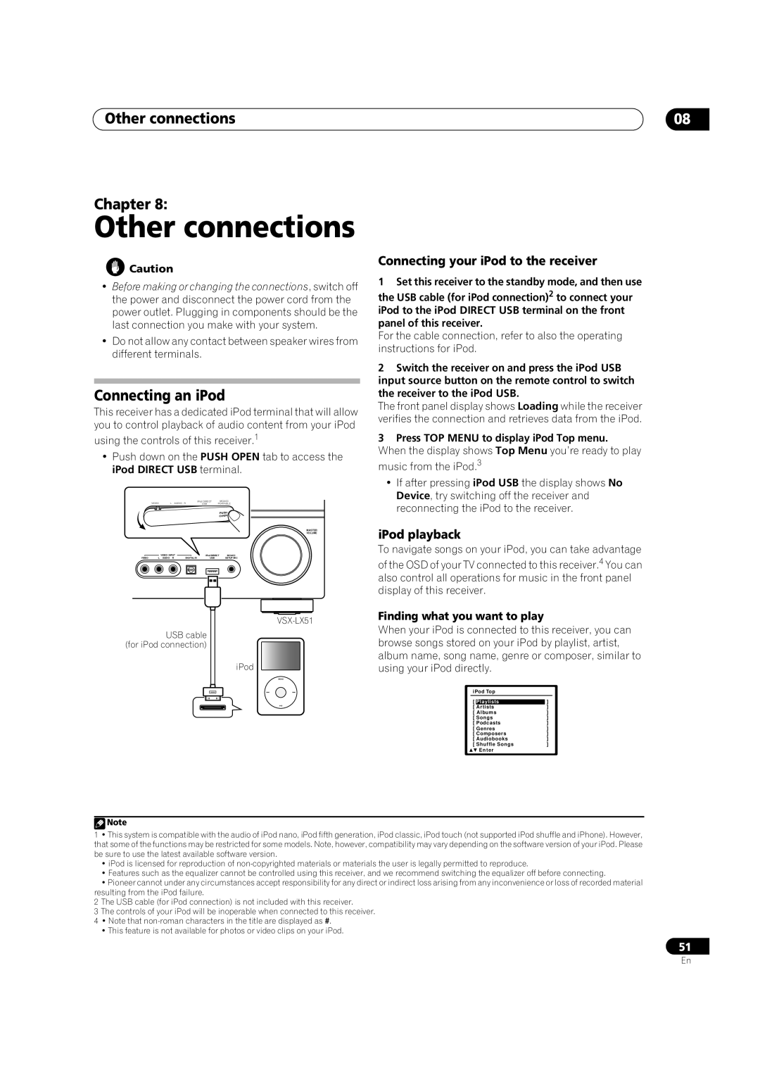 Pioneer VSX-LX51 Other connections Chapter, Connecting an iPod, Connecting your iPod to the receiver, iPod playback 