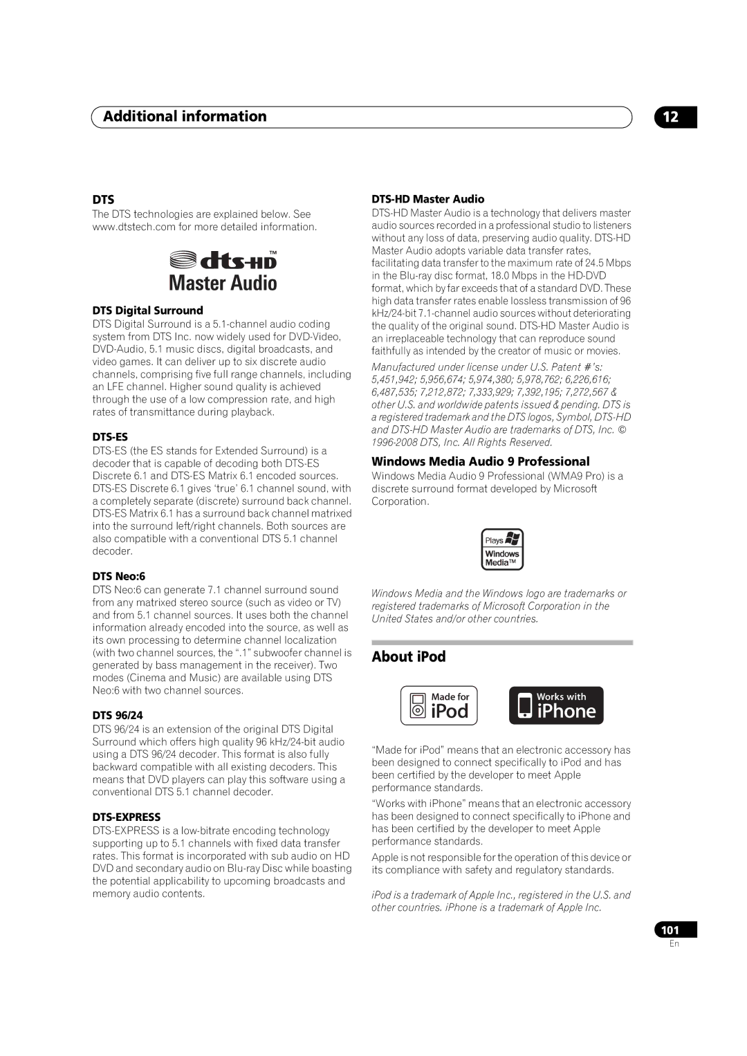 Pioneer VSX-LX52 manual About iPod, Windows Media Audio 9 Professional 