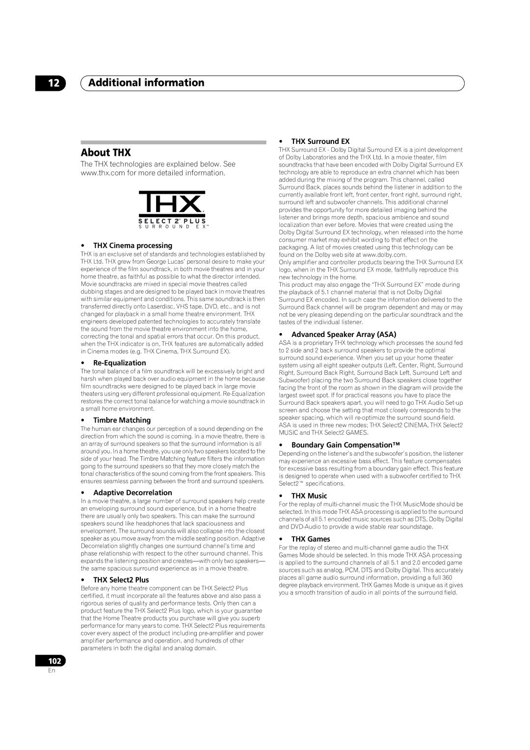 Pioneer VSX-LX52 manual Additional information About THX 