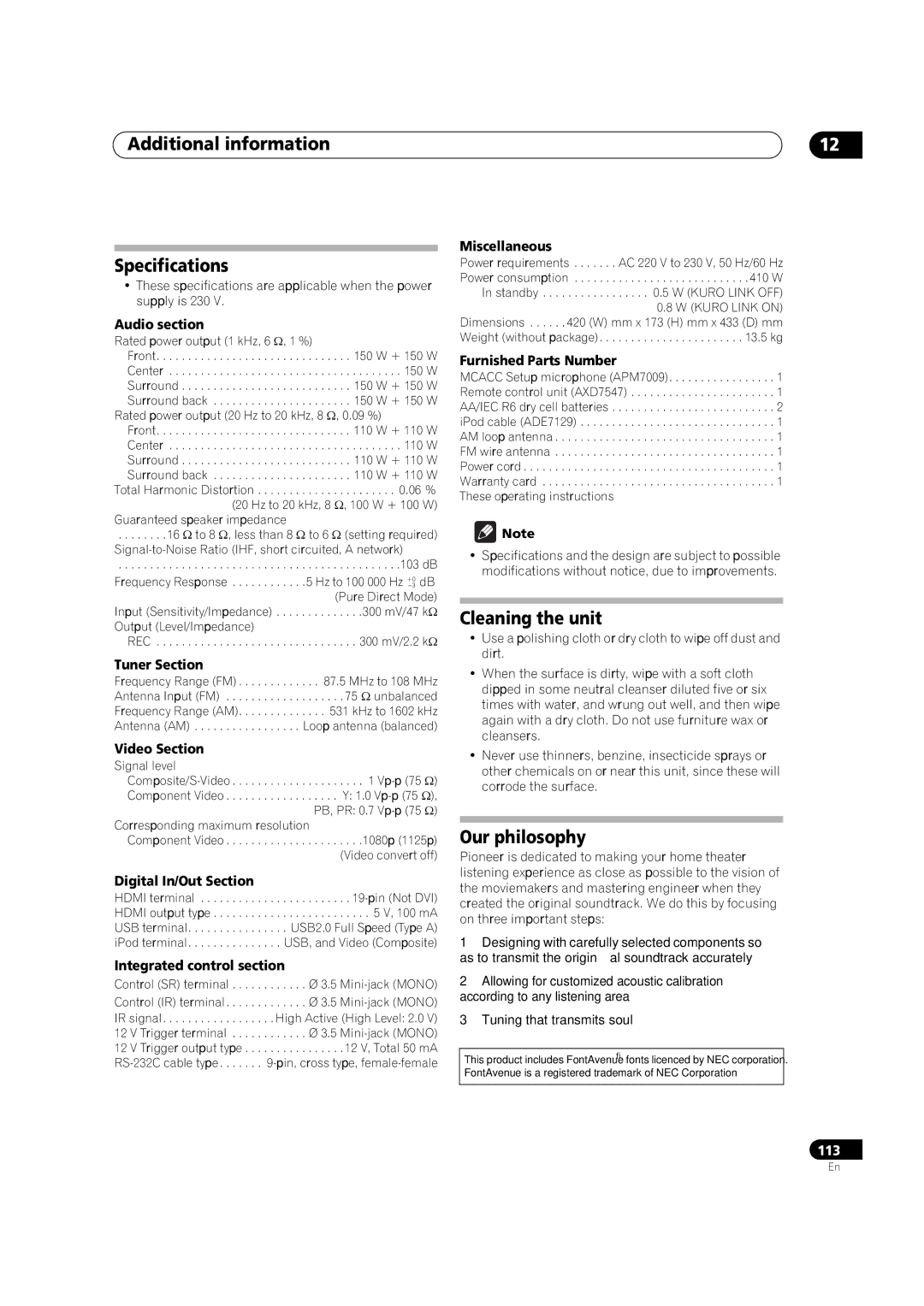 Pioneer VSX-LX52 manual Additional information Specifications, Cleaning the unit, Our philosophy 