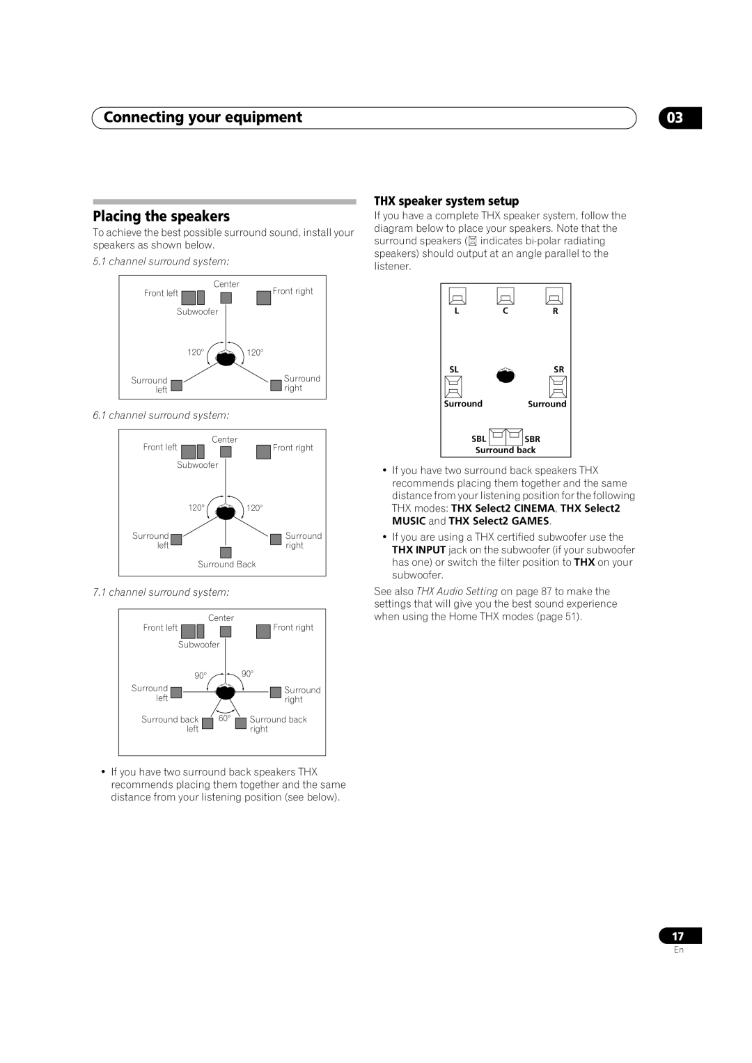 Pioneer VSX-LX52 manual Connecting your equipment Placing the speakers, THX speaker system setup 