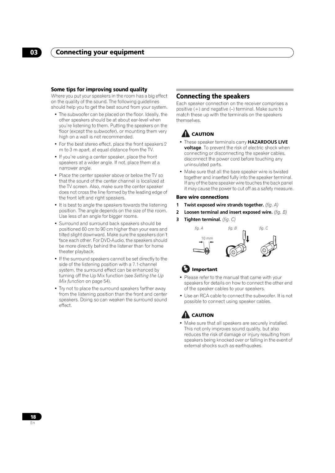 Pioneer VSX-LX52 manual Connecting the speakers, Some tips for improving sound quality, Bare wire connections 