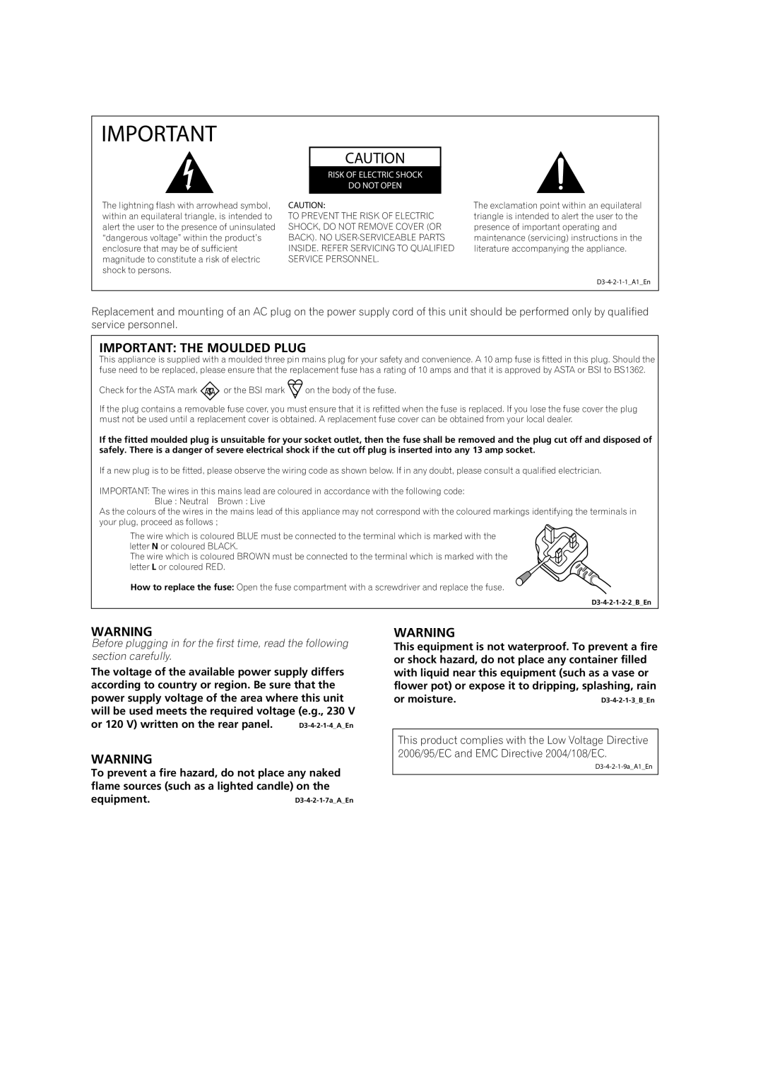 Pioneer VSX-LX52 manual Important the Moulded Plug 