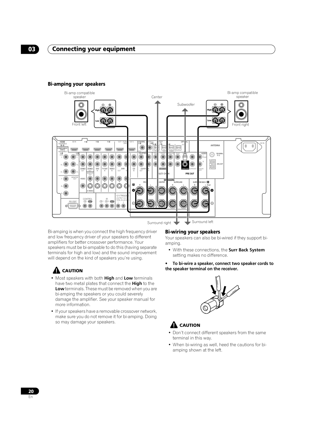 Pioneer VSX-LX52 manual Bi-amping your speakers, Bi-wiring your speakers, High, Low 