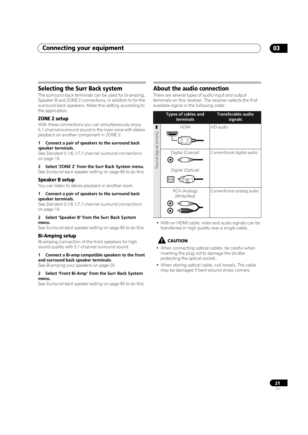 Pioneer VSX-LX52 manual Connecting your equipment Selecting the Surr Back system, About the audio connection, Zone 2 setup 