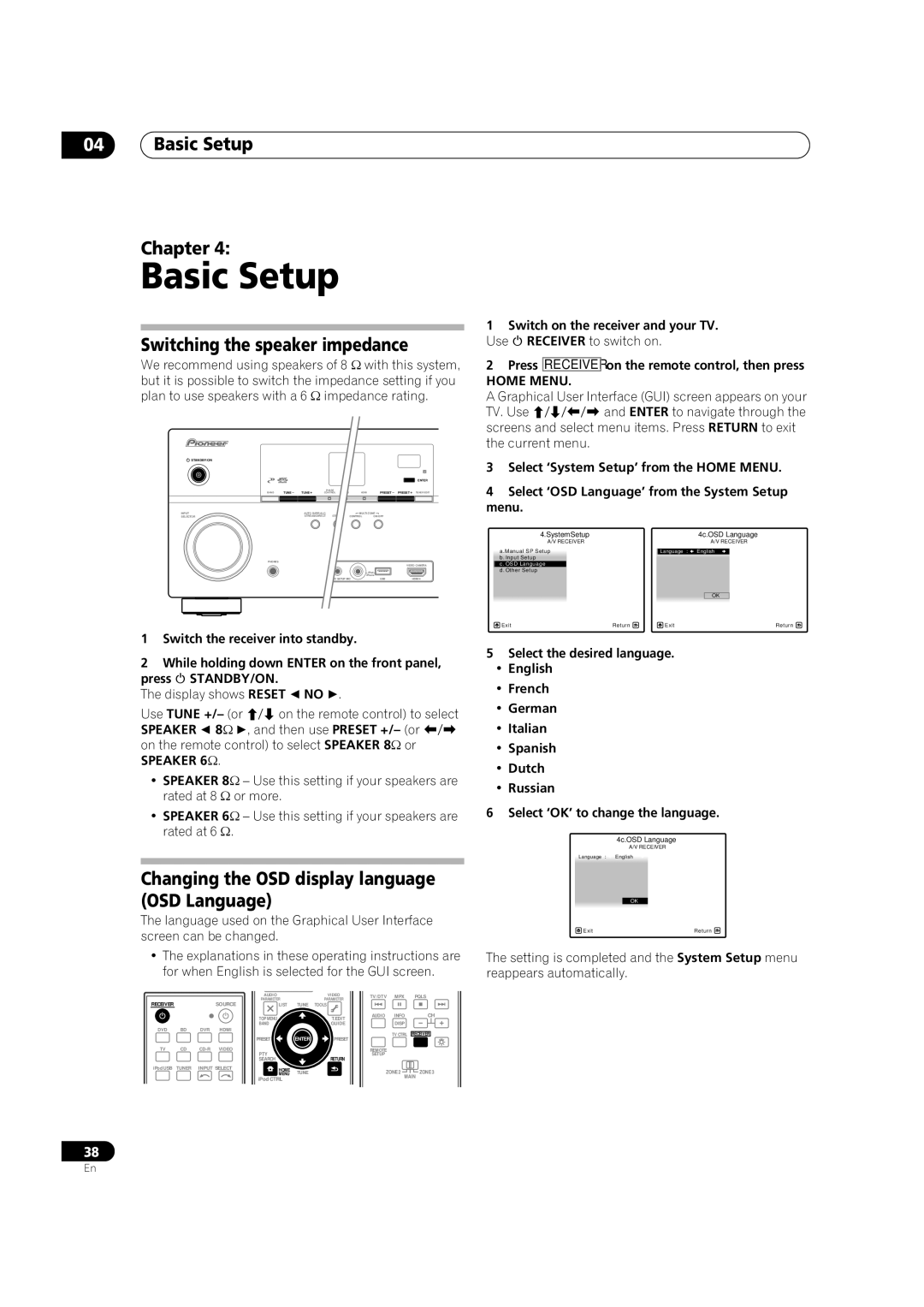 Pioneer VSX-LX52 Basic Setup Chapter, Switching the speaker impedance, Changing the OSD display language OSD Language 