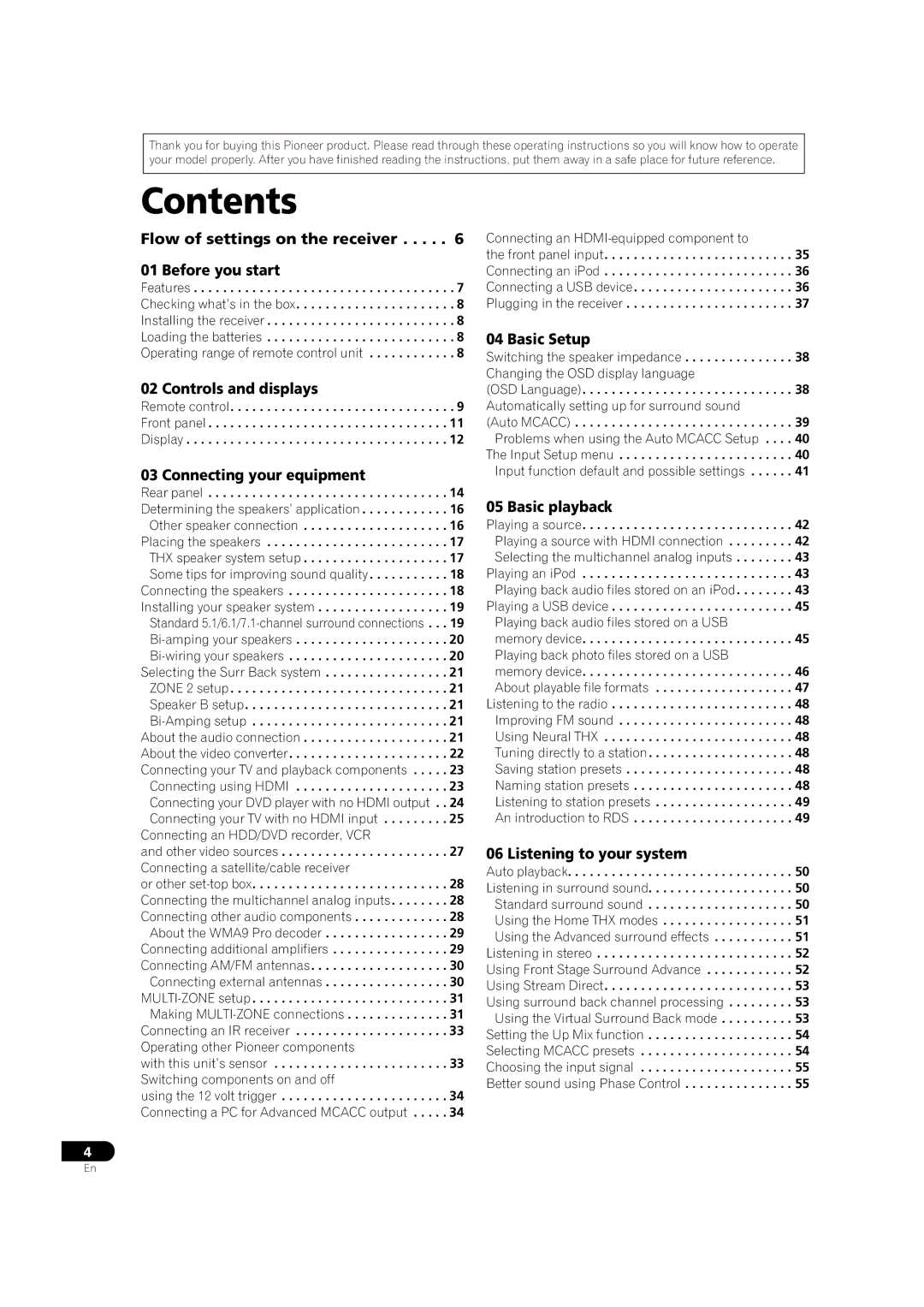 Pioneer VSX-LX52 manual Contents 