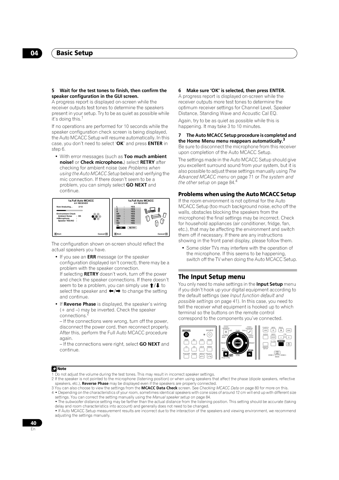 Pioneer VSX-LX52 manual Basic Setup, Input Setup menu, Problems when using the Auto Mcacc Setup 