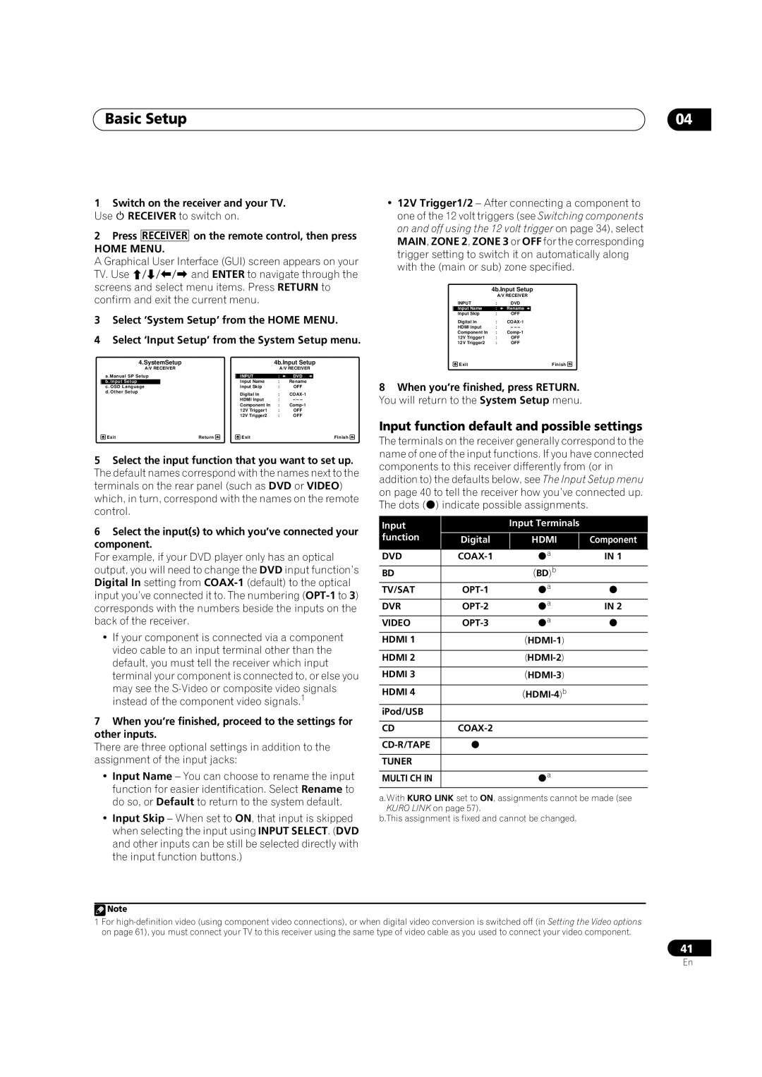 Pioneer VSX-LX52 manual Input function default and possible settings, BDb, HDMI-4b IPod/USB, SystemSetup 4b.Input Setup 