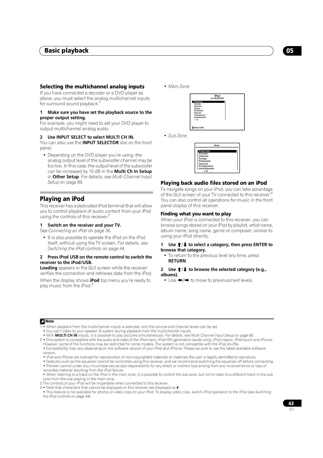 Pioneer VSX-LX52 Basic playback, Playing an iPod, Selecting the multichannel analog inputs, Finding what you want to play 