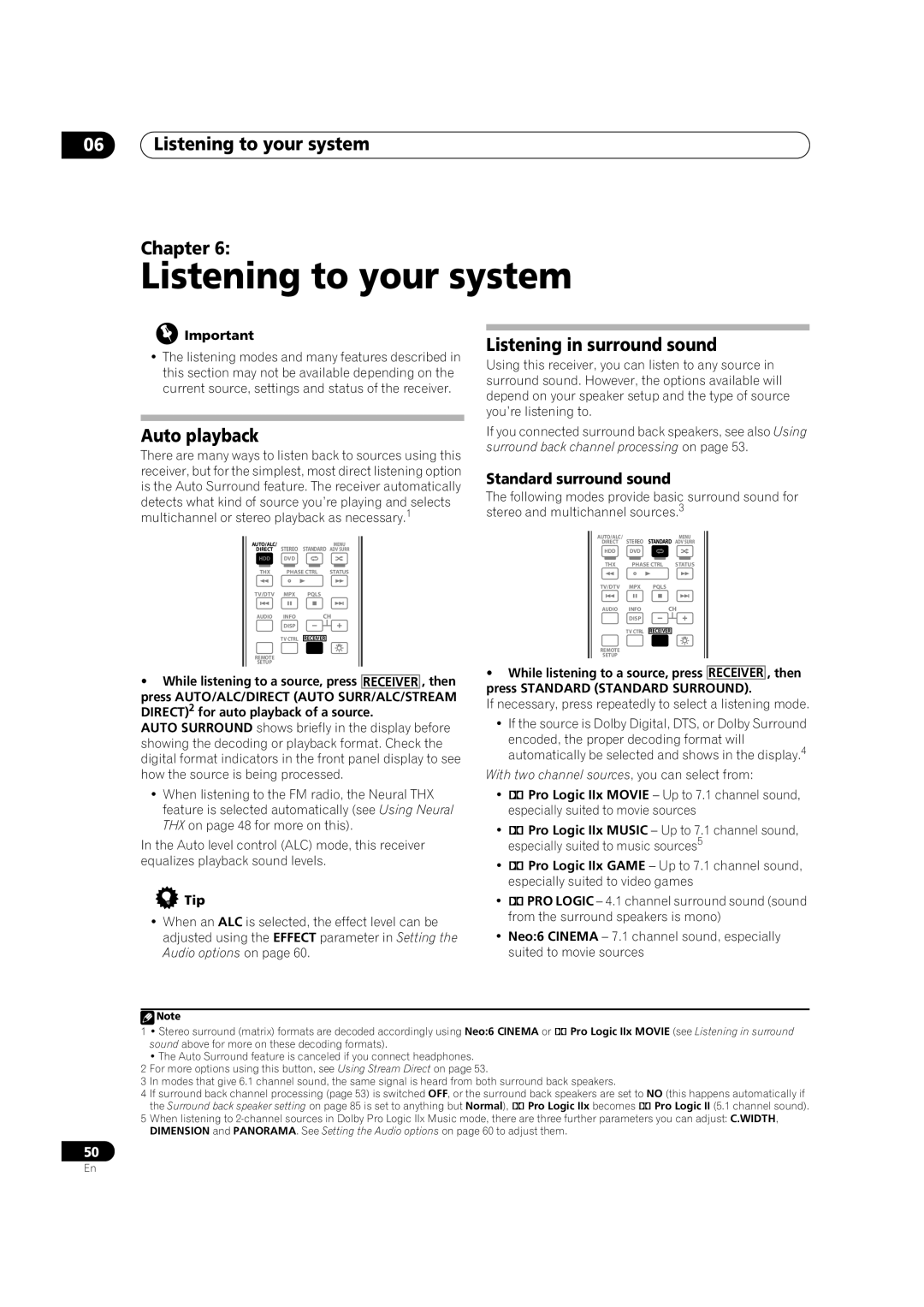 Pioneer VSX-LX52 Listening to your system Chapter, Listening in surround sound, Auto playback, Standard surround sound 