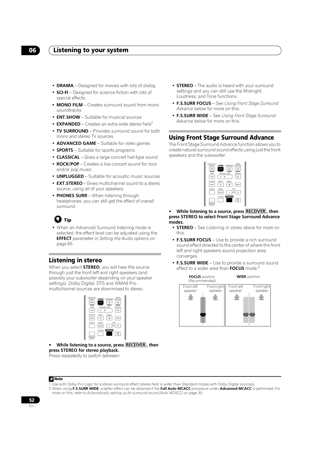 Pioneer VSX-LX52 manual Listening in stereo, Using Front Stage Surround Advance, Then 