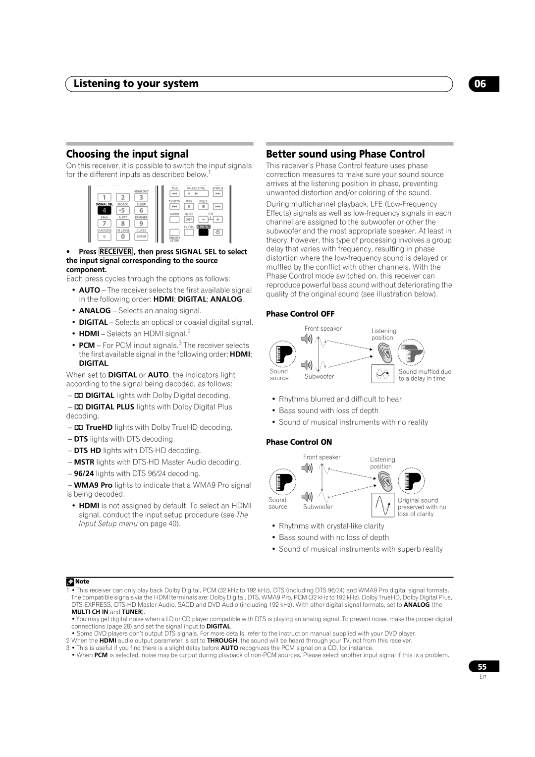 Pioneer VSX-LX52 Listening to your system Choosing the input signal, Better sound using Phase Control, Phase Control OFF 