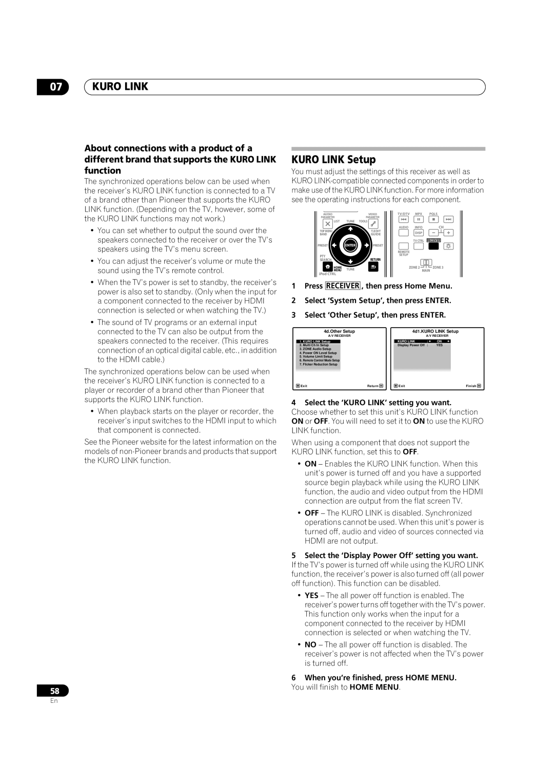 Pioneer VSX-LX52 manual Kuro Link Setup, When you’re finished, press Home Menu, You will finish to Home Menu 