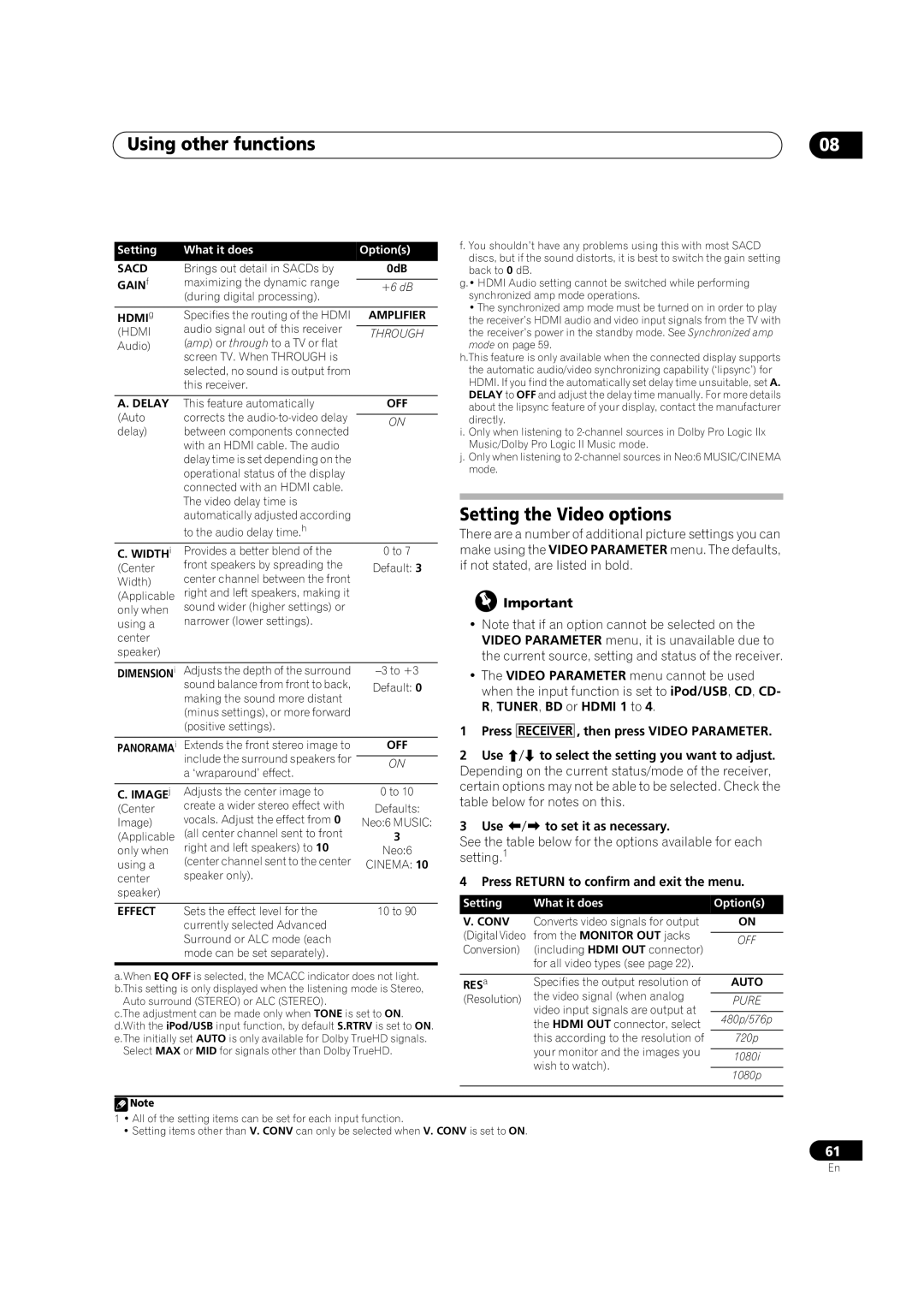 Pioneer VSX-LX52 manual Using other functions, Setting the Video options 