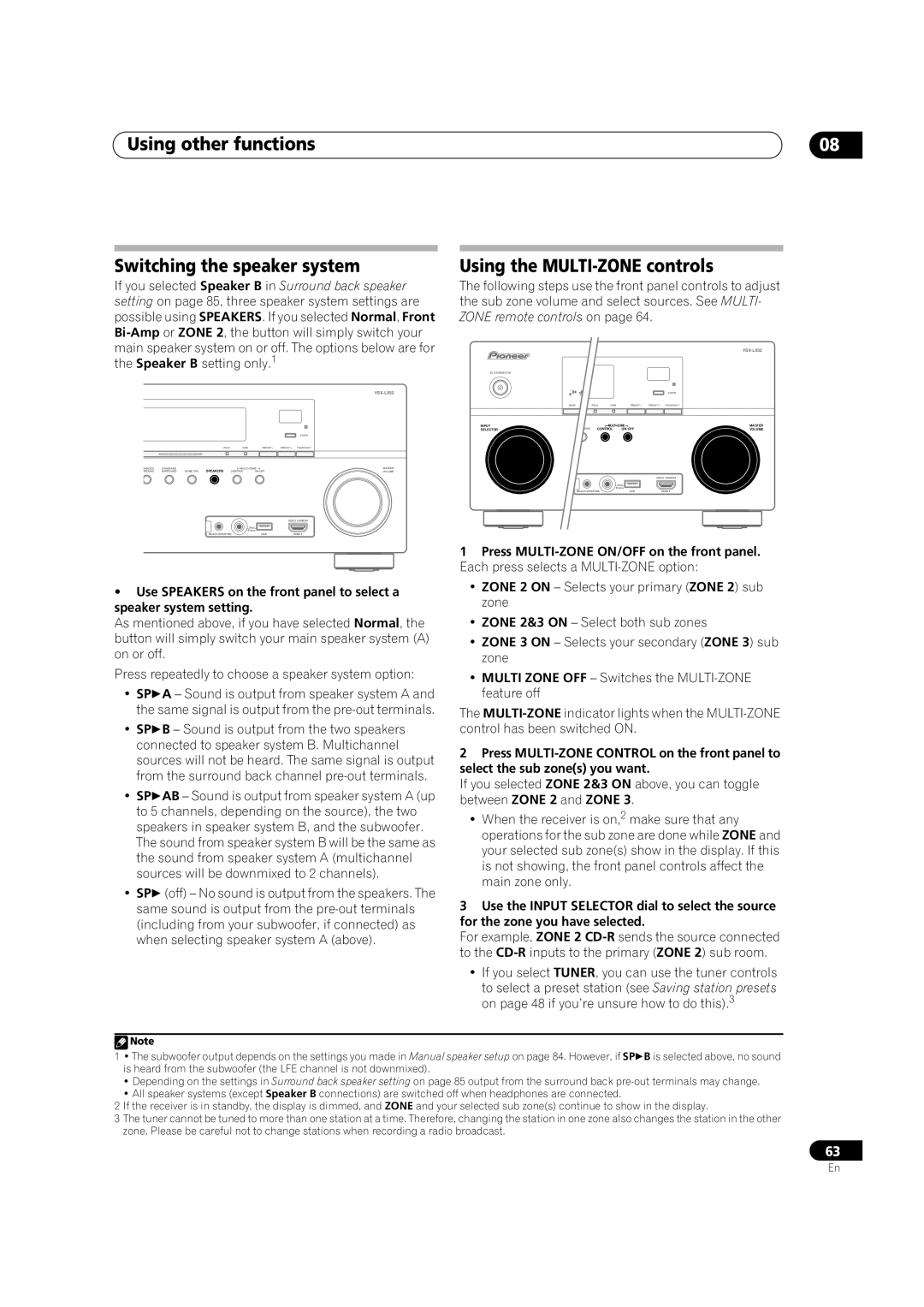 Pioneer VSX-LX52 manual Using other functions Switching the speaker system, Using the MULTI-ZONE controls 