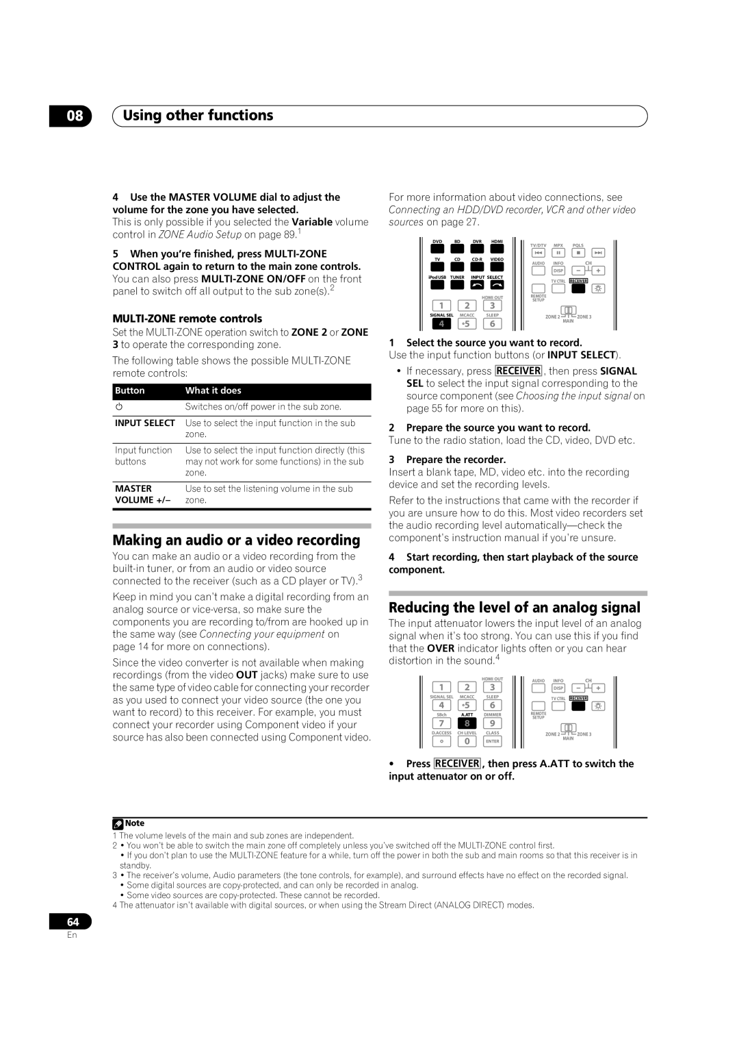 Pioneer VSX-LX52 Making an audio or a video recording, Reducing the level of an analog signal, MULTI-ZONE remote controls 